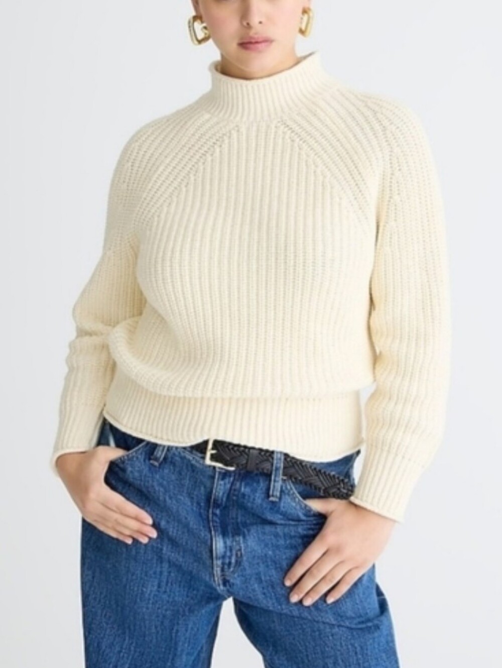J.Crew Relaxed Roll Neck 100% Cotton Sweater Cream Chunky Knit 90s Classic